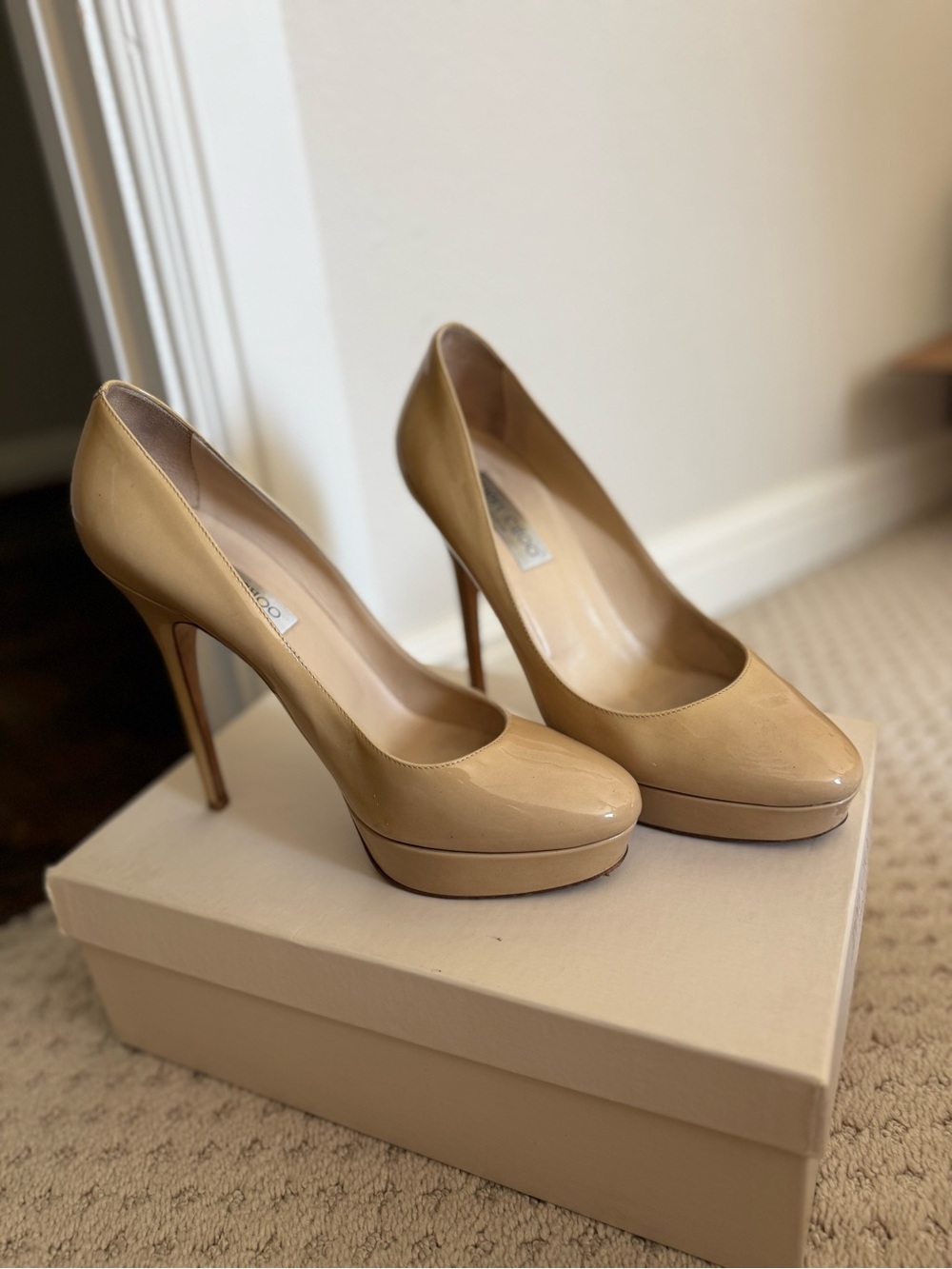 Jimmy Choo Beige Patent Leather Platform Pumps